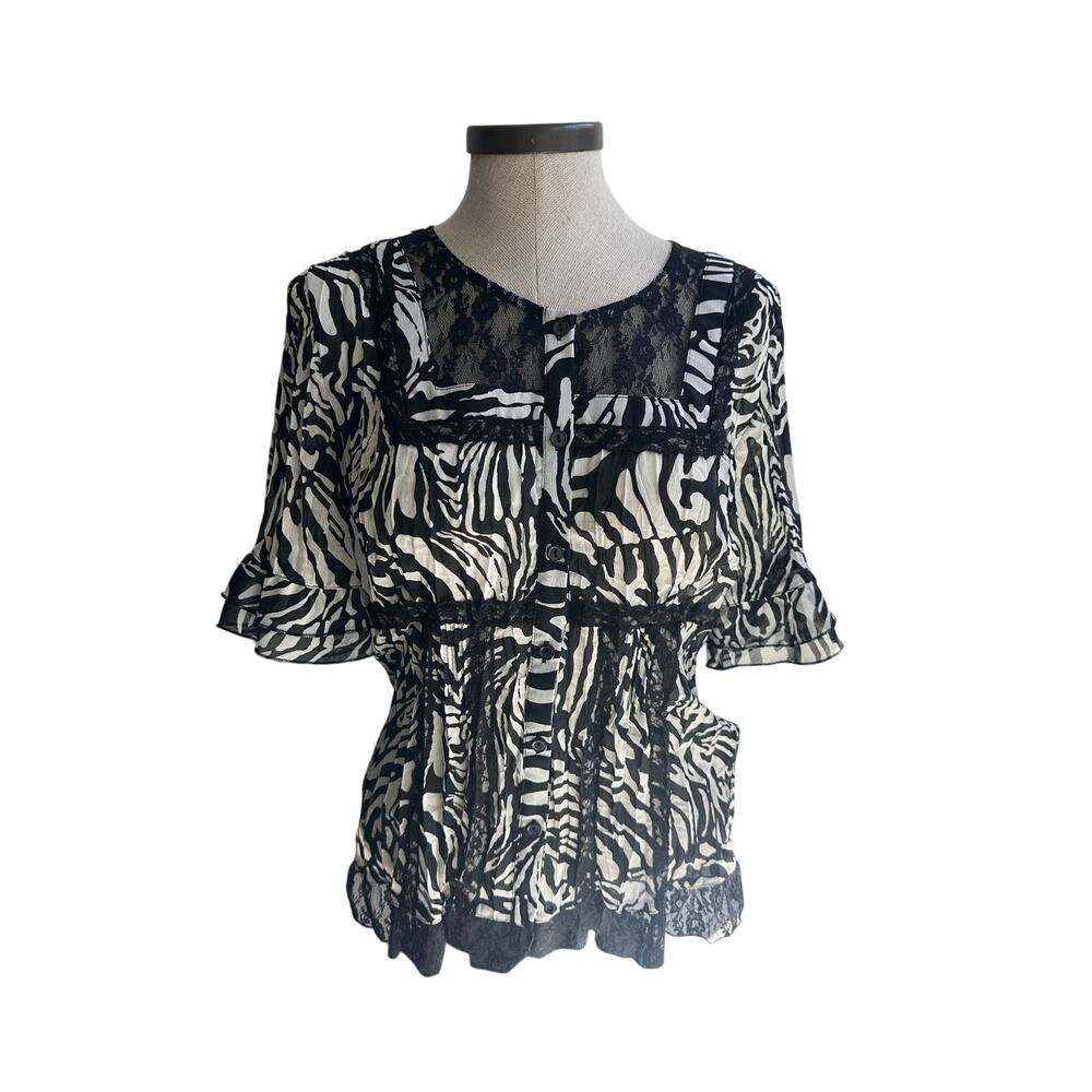NY Collection Zebra Print Lace Trim Blouse M Coquette Boho Sheer Ruffle Top